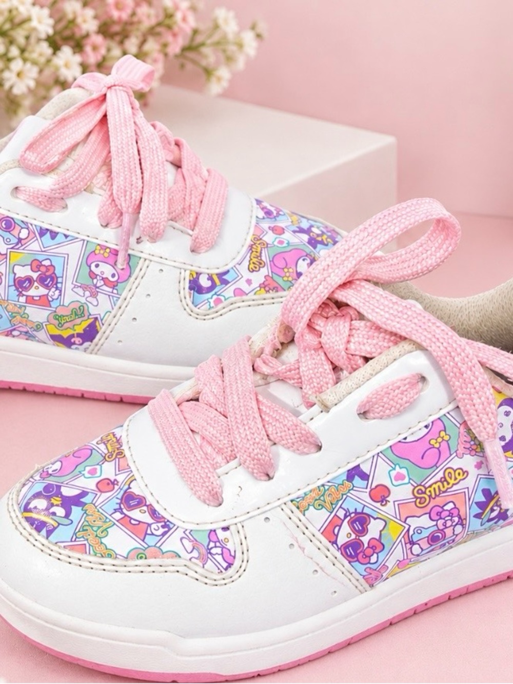 Kids White and Pink Patterned Lace-Up Sneakers